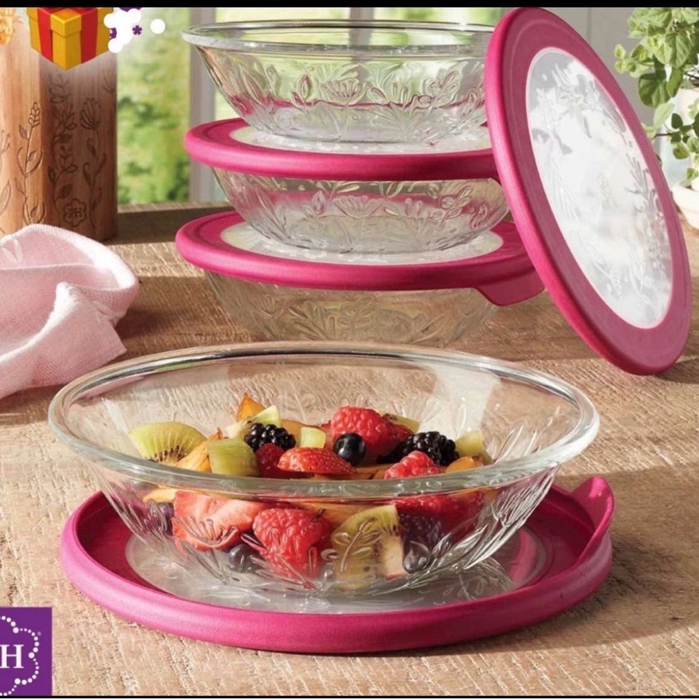 Princess House Glass Bowls with Pink Lids